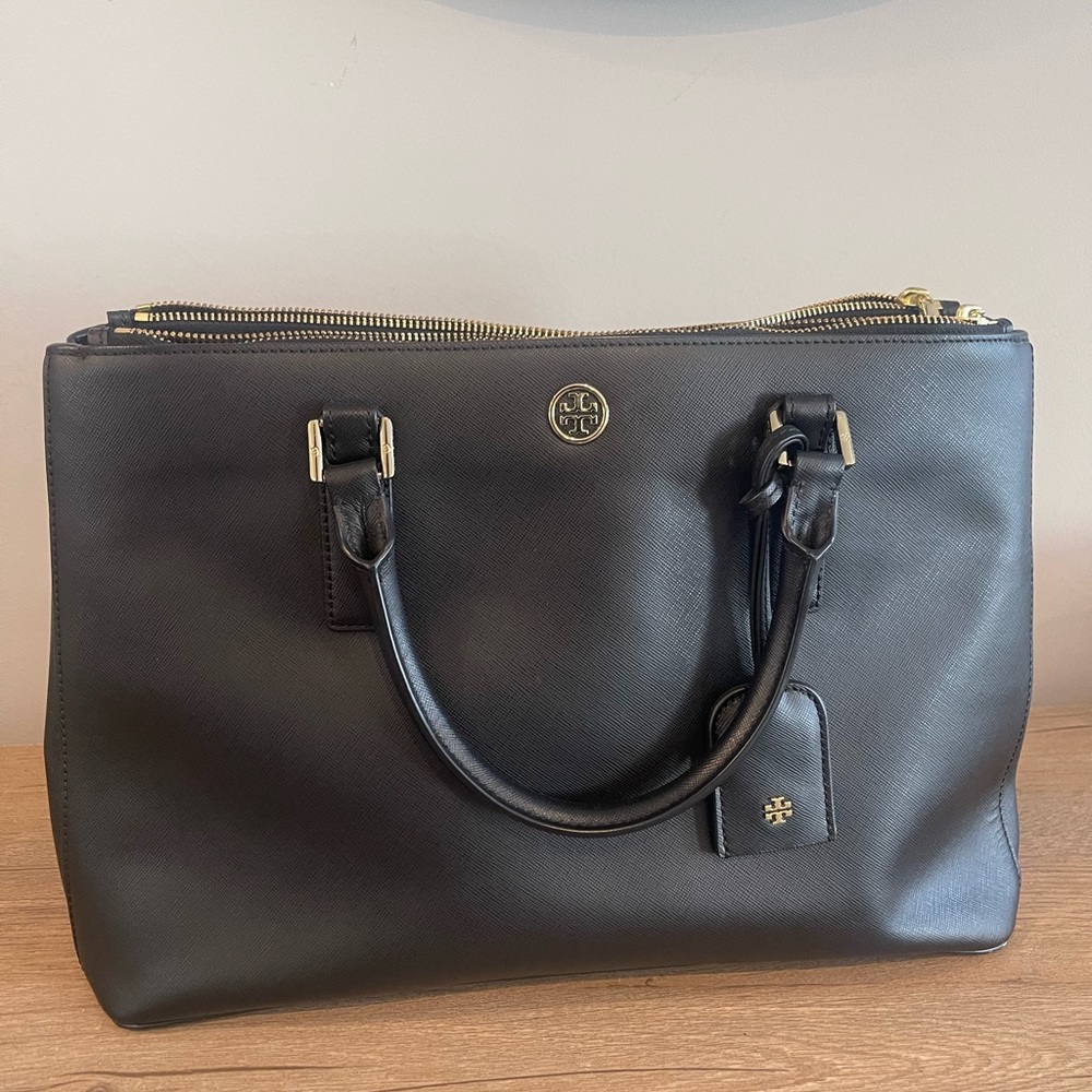 Tory Burch Black Leather Handbag with Gold Accents